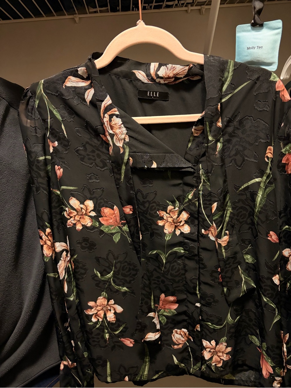 Elle Black Floral Top with Peach & Green Blooms